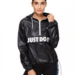 Nike Just Do It Logo Black Half Zip Windbreaker Hoodie Jacket - L